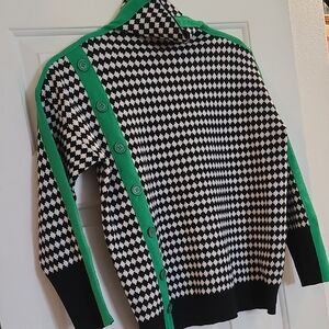 Black & White Print Sweater with Green Trim